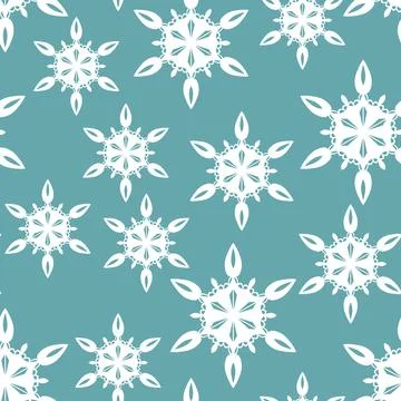 Winter seamless pattern with white snowflakes on blue background. Vector Stock Illustration