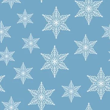 Winter seamless pattern with white snowflakes on blue background. Vector Stock Illustration