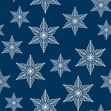 Winter seamless pattern with white snowflakes on blue background. Vector Stock Illustration
