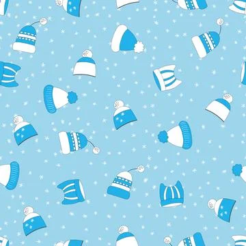 Winter seamless pattern with winter hats on blue background. Cute vector winter Stock Illustration