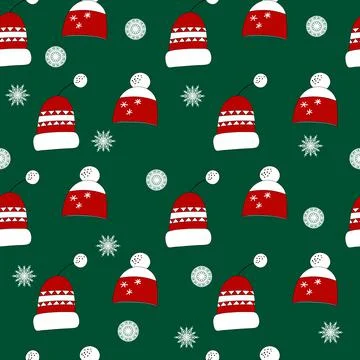 Winter seamless pattern with winter hats on green background. Cute vector winter Stock Illustration