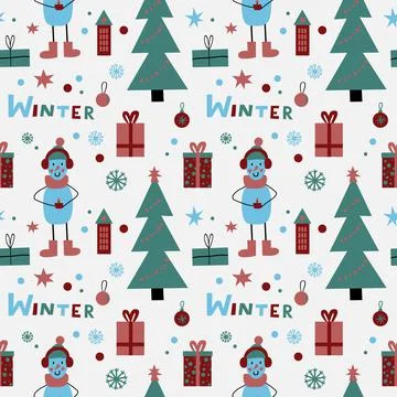 Winter seamless pattern for wrapping paper. snowman and christmas tree on white Stock Illustration