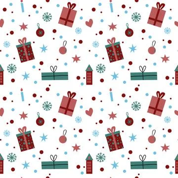 Winter seamless pattern for wrapping paper. Christmas presents, boxes, stars on Stock Illustration