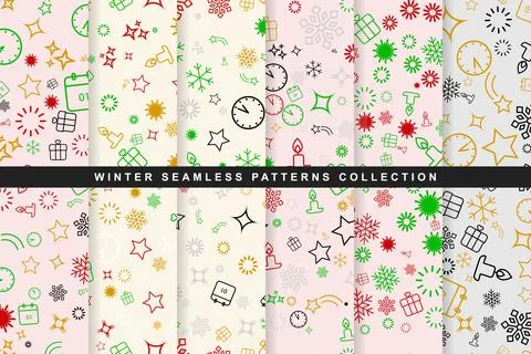 Winter seamless patterns collection with holiday icons Stock Illustration