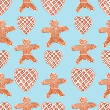 Winter seamless patterns with gingerbread cookies. Stock Illustration