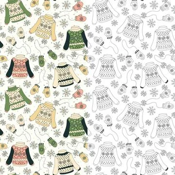 Winter seamless patterns set with knitted sweaters, mittens, snowflakes vecto Stock Illustration