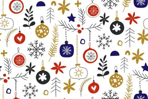 Winter seamless repeat patterns with Christmas baubles. Scandinavian style Stock Illustration