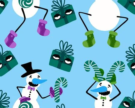 Winter seamless snowman pattern for fabrics and textiles and packaging Stock Photos