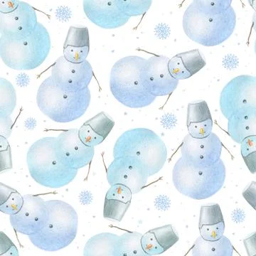 Winter seamless watercolor pattern with hand drawn cute snowmen and snowflake Stock Illustration