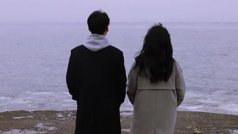 Winter seaside, a couple's back view Stock Footage 249900460