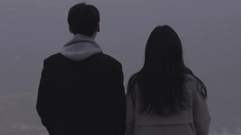 Winter seaside, a couple's back view Stock Footage 249900474