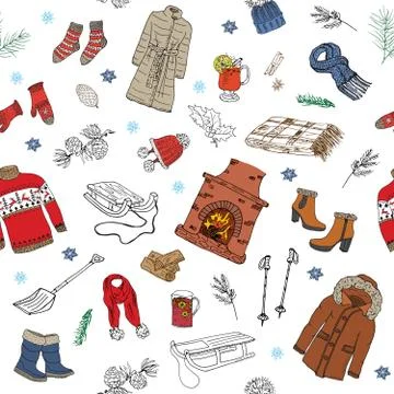 Winter season doodles seamless pattern. Hand drawn sketch elements fireplac.. Stockillustratie
