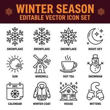 Winter season editable vector icon set featuring snowflakes, sun, windmill,.. Stock Illustration