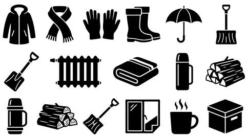 Winter season elements and winterization tools icon set in black solid vect.. Stock Illustration