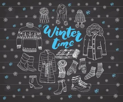 Winter season set doodle elements. Hand drawn sketch colection with boots, .. Stock Illustration