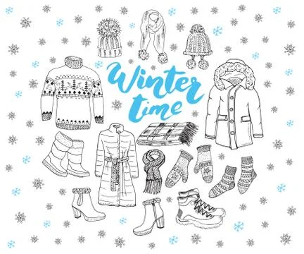 Winter season set doodle elements. Hand drawn sketch colection with boots, .. Stock Illustration