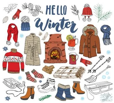 Winter season set doodle elements. Hand drawn sketch colection with firepla.. 스톡 일러스트
