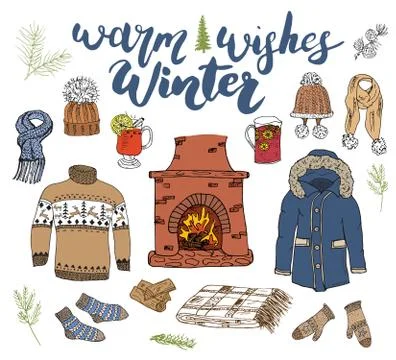 Winter season set doodle elements. Hand drawn sketch colection with firepla.. Stock Illustration