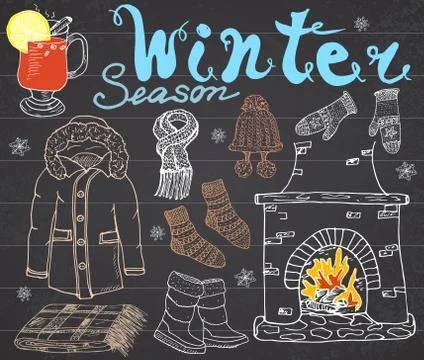 Winter season set doodles elements. Hand drawn set with glass of hot wine, bo Illustrazione stock