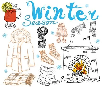 Winter season set doodles elements. Hand drawn set with glass of hot wine, bo Illustrazione stock