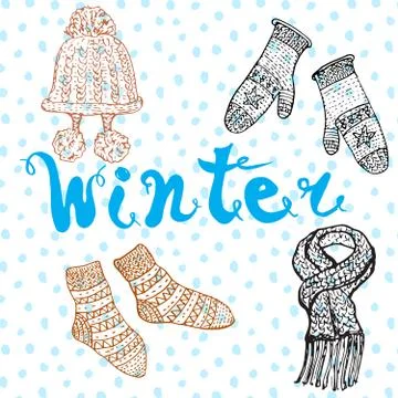 Winter season set doodles elements. Hand drawn set with warm clothes, socks a Illustrazione stock