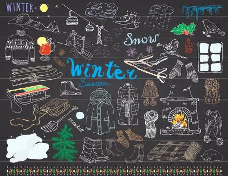 Winter season set doodles elements. Hand drawn set with glass hot wine, boots Stock Illustration