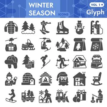 Winter season solid icon set, Winter holidays symbols collection or sketches Stock Illustration