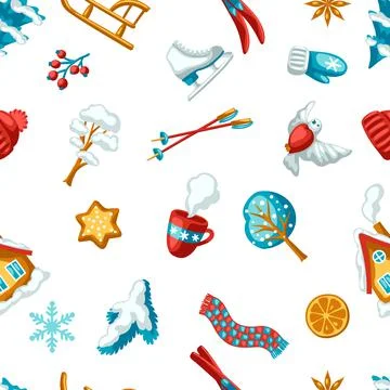 Winter seasonal seamless pattern. Outdoor leisure and cute fun things. Merry 스톡 일러스트