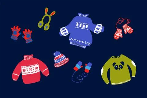 Winter set of clothing illustrations. Vector collection with clothes for the New Stock Illustration