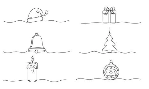 Winter set. Continuous one line drawing Christmas design elements. Simple m.. Illustrazione stock