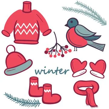 Winter set of cozy atmospheric elements, vector illustration. Illustrazione stock