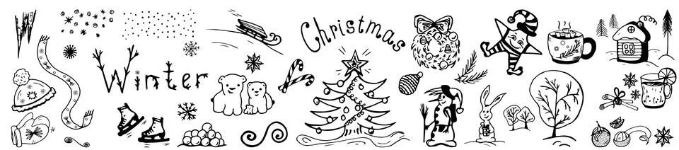 Winter set doodle elements vector hand drawn illustration Stock Illustration