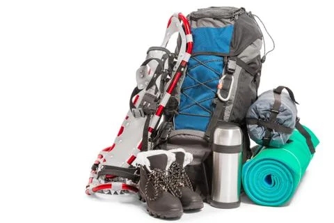 Winter set of objects isolated of the active adventure traveler Stock Photos