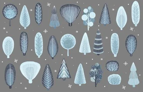 Winter set of trees. Collection of vector trees. Stock Illustration