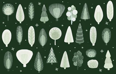 Winter set of trees. Collection of vector trees. Forest background Stock Illustration