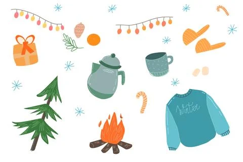 Winter set with warm elements and cozy objects. Vector illustration Stock Illustration