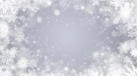 Winter silver and white frame background with snowflakes and sparkles Stock Illustration