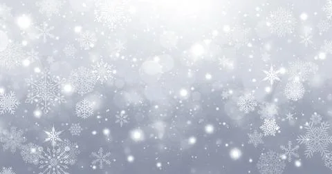 Winter silver and white gradient bokeh background with circles and snowflakes Stock Illustration