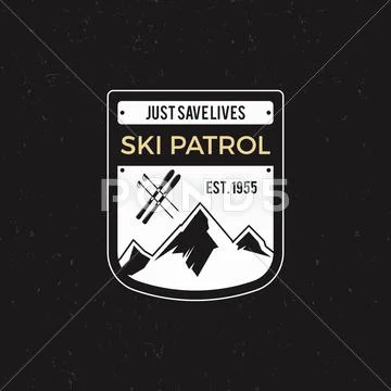 Winter Ski Patrol Label With Ski Equipment And Mountains. Vintage Extreme