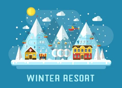 Winter Ski Resort Flat Landscape Stock Illustration