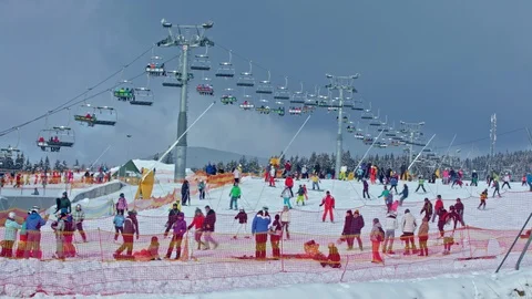 Winter ski resort time lapse. Cableway in mountains Stock Footage 90376384