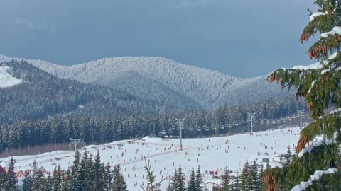 Winter ski resort time lapse. Cableway in mountains Stock Footage 90376412