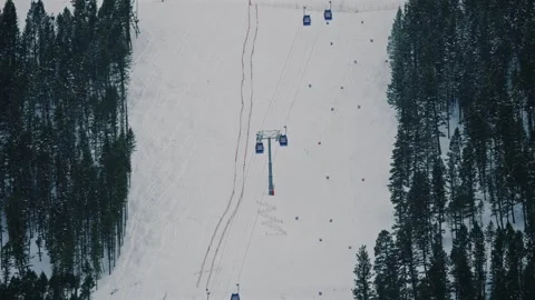 Winter Ski Track Between Pine Trees with Cable Cars Stock Footage 309857769
