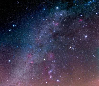 Winter sky panorama with various deep sky objects. Foto stock