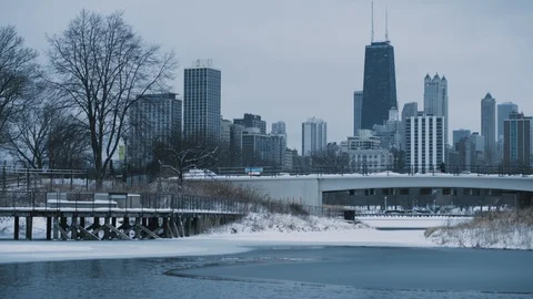 Winter Skyline of Chicago with Snow in 4K Stock Footage