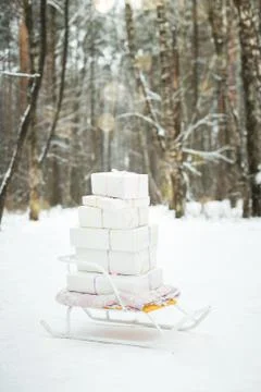 Winter sledge with gift boxes in forest Stock Photos