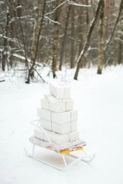 Winter sledge with gift boxes in forest Stock Photos
