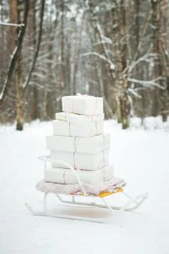 Winter sledge with gift boxes in forest Stock Photos