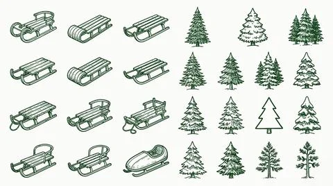 Winter sleds and evergreen pine trees vintage hand drawn illustration clip ar Stock Illustration