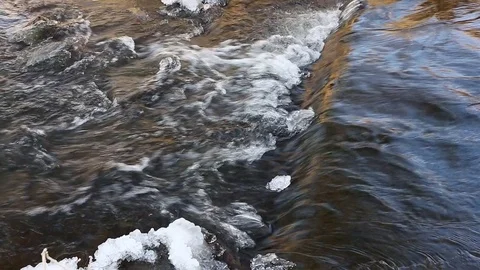 Winter small countryside stream with floating water stones end ice 스톡 동영상 71289307